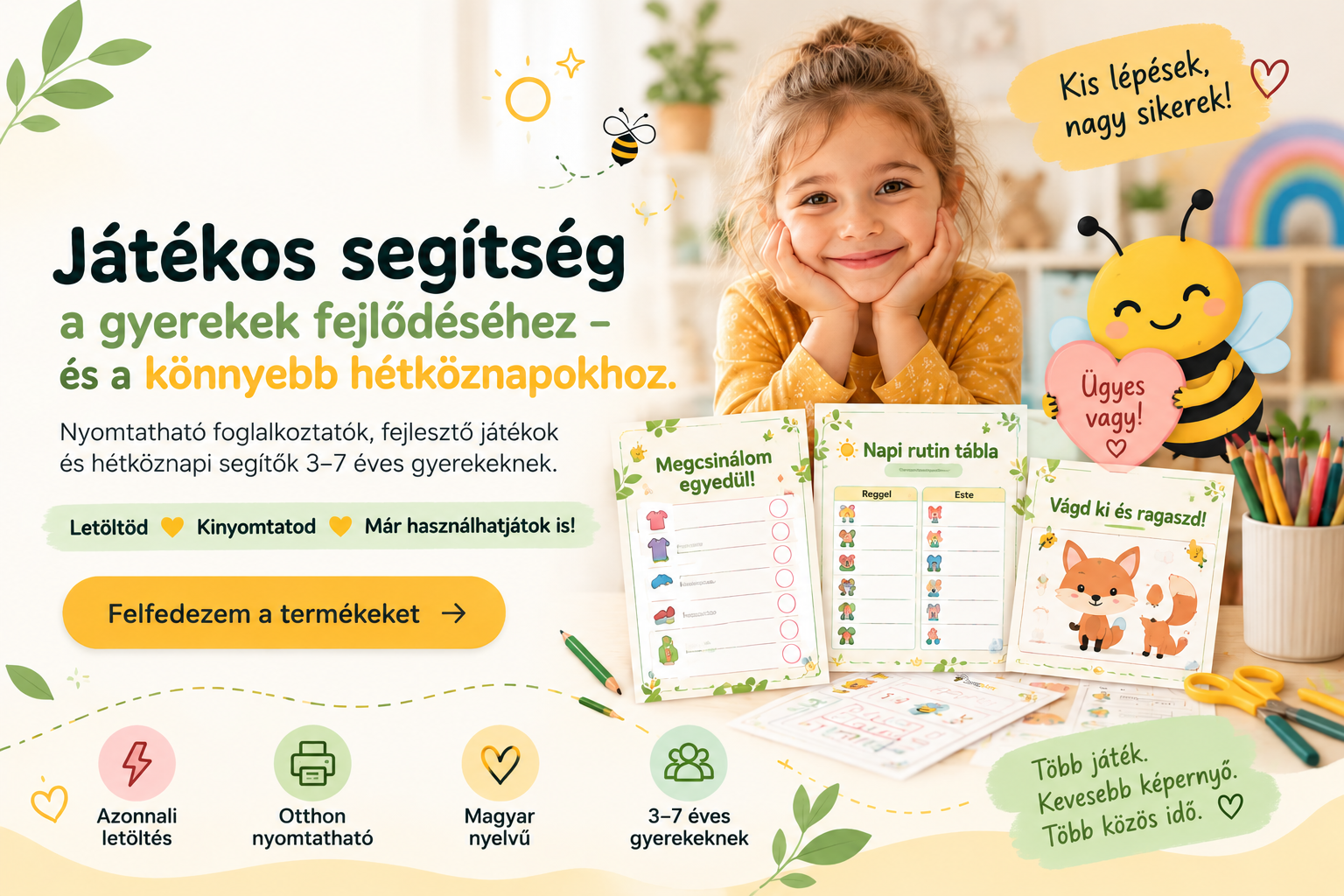 Zorabee nyomtatható foglalkoztatók, fejlesztő játékok és hétköznapi segítők 3–7 éves gyerekeknek